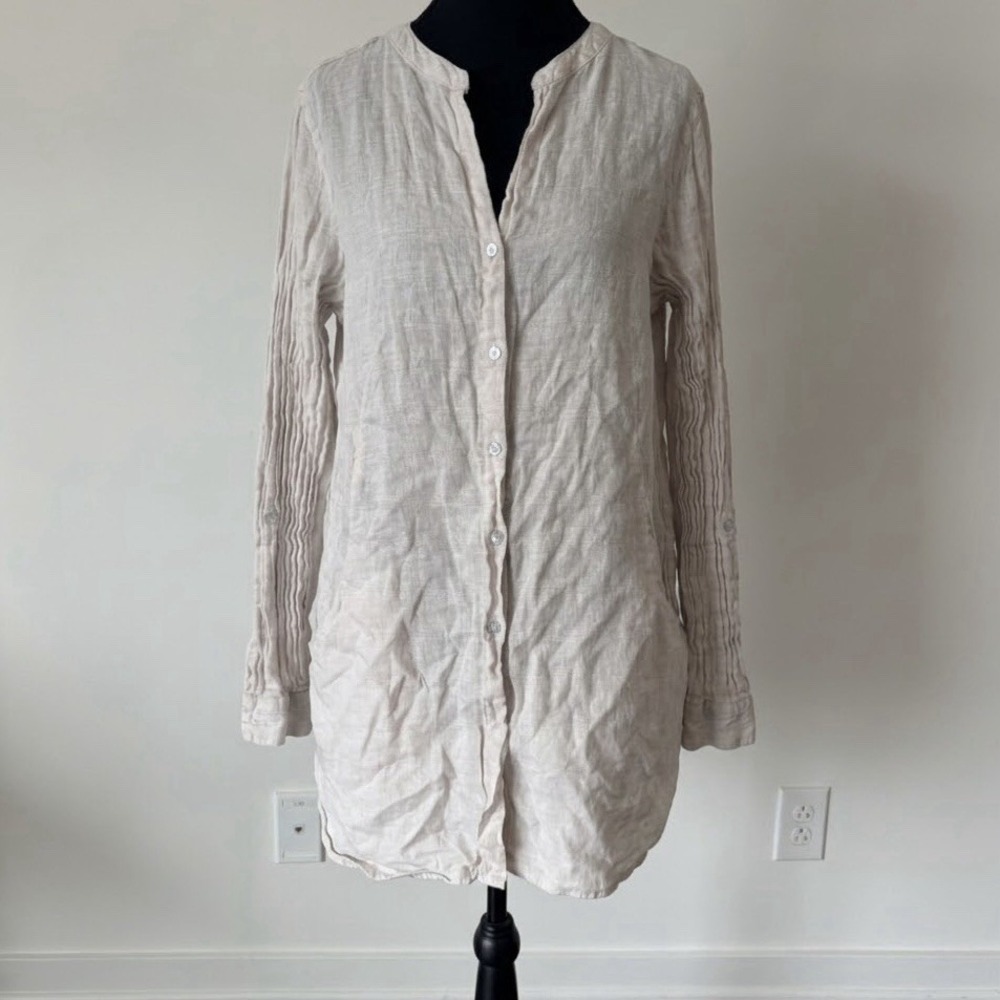 Sigrid Olsen 100% Linen Tunic Shirt Women's Large Pockets Coastal Neutrals Boho
